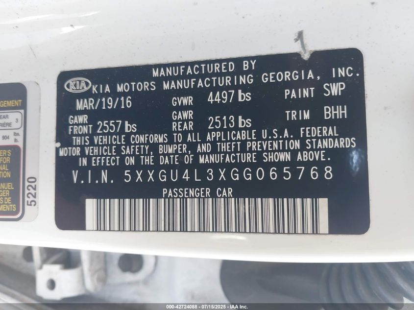 2016 Kia Optima Ex VIN: 5XXGU4L3XGG065768 Lot: 42724088