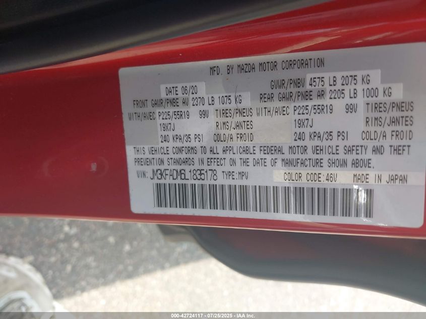 2020 Mazda Cx-5 Grand Touring VIN: JM3KFADM6L1835178 Lot: 42724117