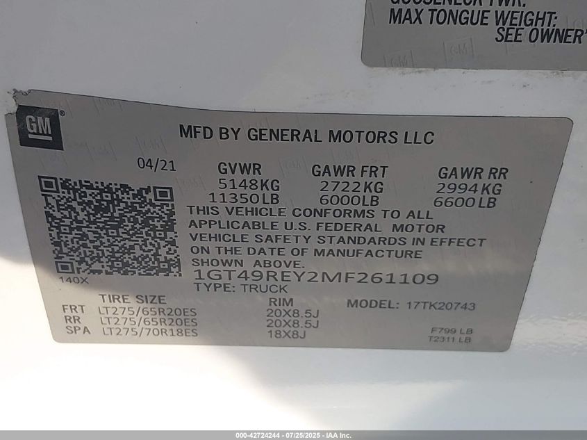 2021 GMC Sierra K2500 Denali VIN: 1GT49REY2MF261109 Lot: 42724244