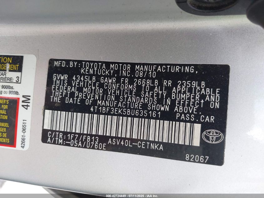 2011 Toyota Camry VIN: 4T1BF3EK5BU635161 Lot: 42724449