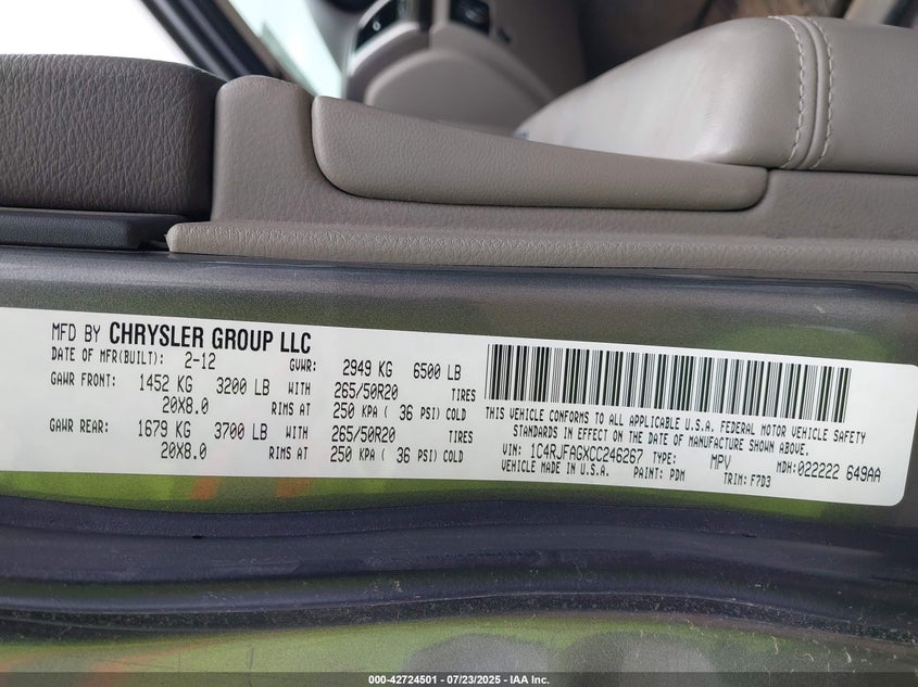 2012 Jeep Grand Cherokee Laredo VIN: 1C4RJFAGXCC246267 Lot: 42724501