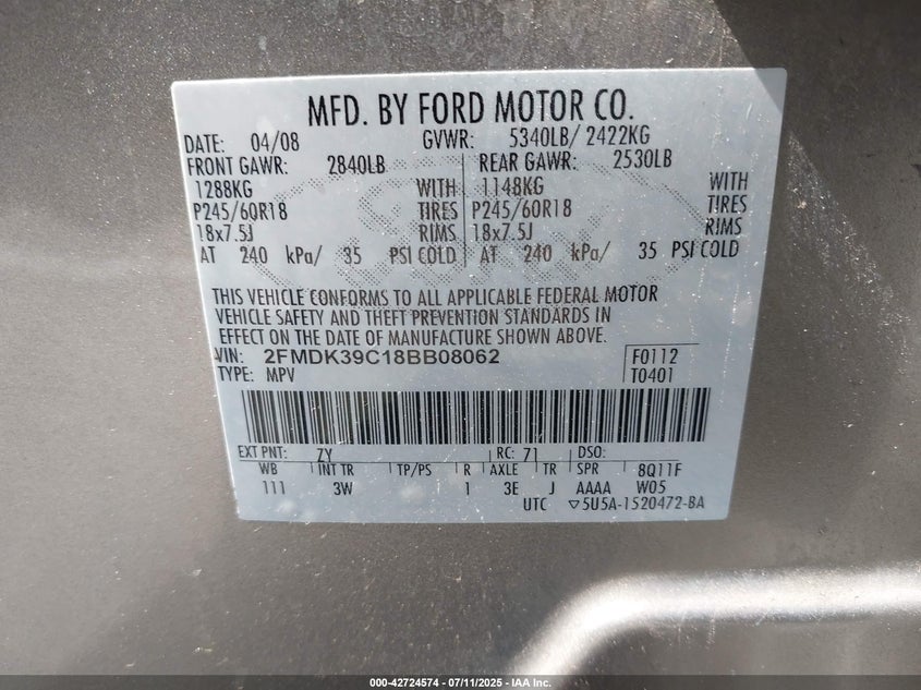 2008 FORD EDGE VIN: 2FMDK39C18BB08062