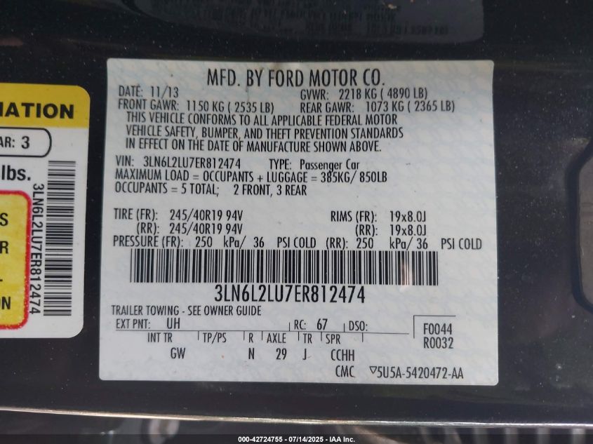 2014 Lincoln Mkz Hybrid VIN: 3LN6L2LU7ER812474 Lot: 42724755