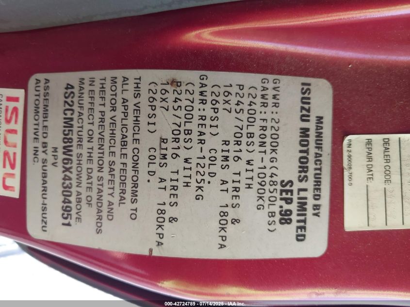 1999 Isuzu Rodeo S/Ls/Lse VIN: 4S2CM58W6X4304951 Lot: 42724789