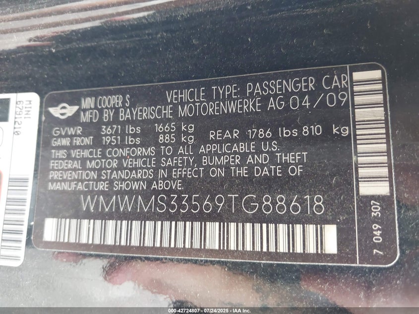 2009 Mini Cooper S VIN: WMWMS33569TG88618 Lot: 42724807