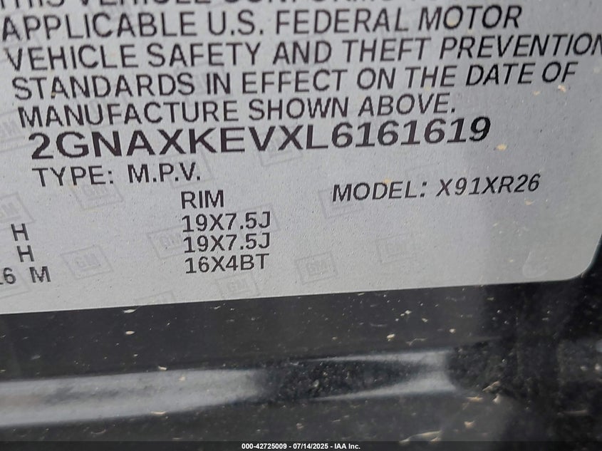 2020 CHEVROLET EQUINOX LT - 2GNAXKEVXL6161619