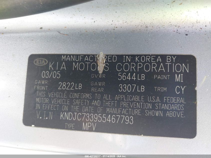 2005 Kia Sorento Ex/Lx VIN: KNDJC733955467793 Lot: 42725217