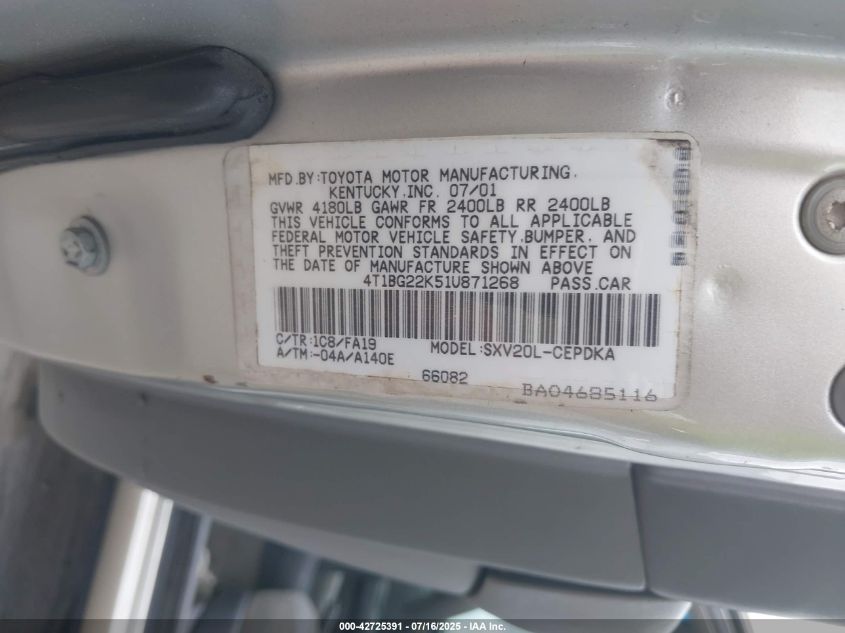 2001 Toyota Camry Ce VIN: 4T1BG22K51U871268 Lot: 42725391