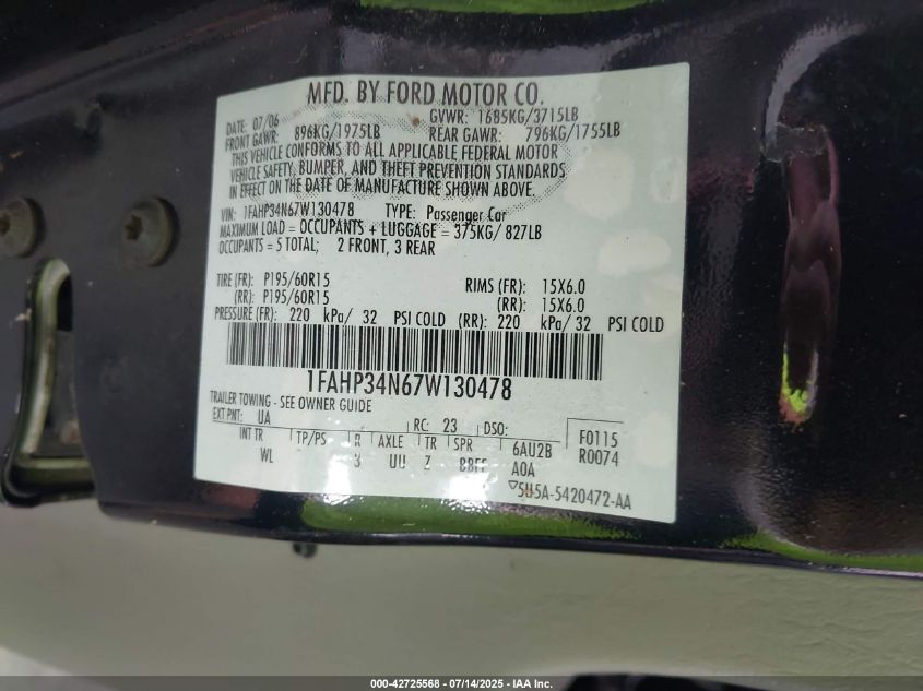 2007 Ford Focus S/Se/Ses VIN: 1FAHP34N67W130478 Lot: 42725568