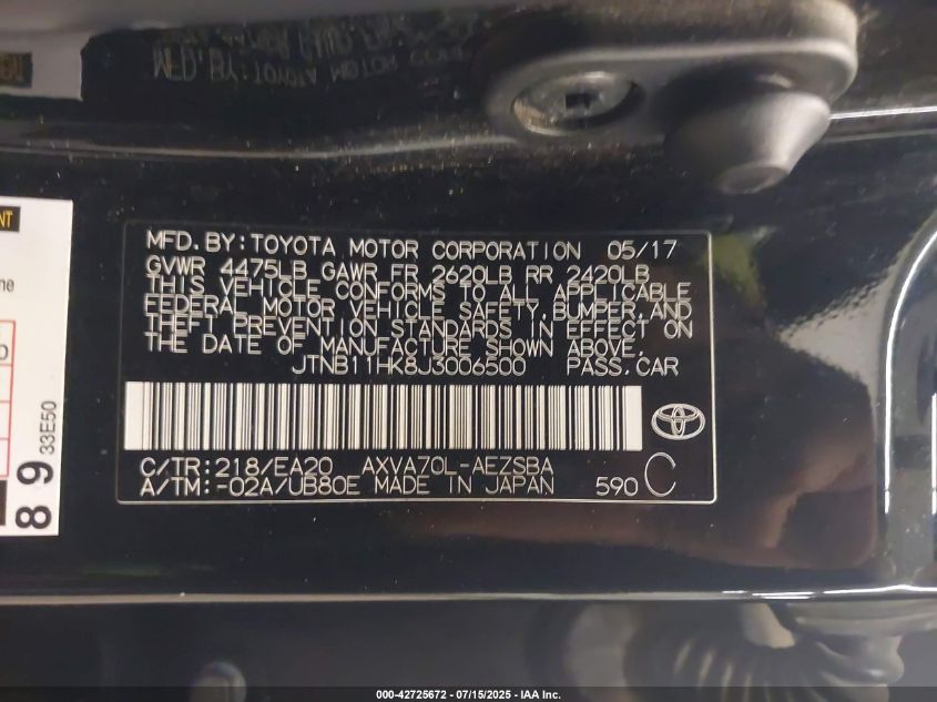 2018 Toyota Camry Se VIN: JTNB11HK8J3006500 Lot: 42725672