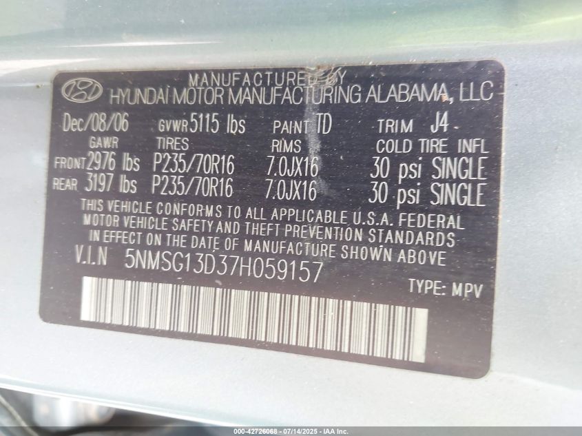 2007 Hyundai Santa Fe Gls VIN: 5NMSG13D37H059157 Lot: 42726068