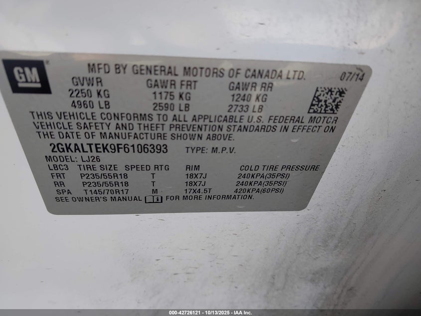 2015 GMC Terrain Slt-2 VIN: 2GKALTEK9F6106393 Lot: 42726121