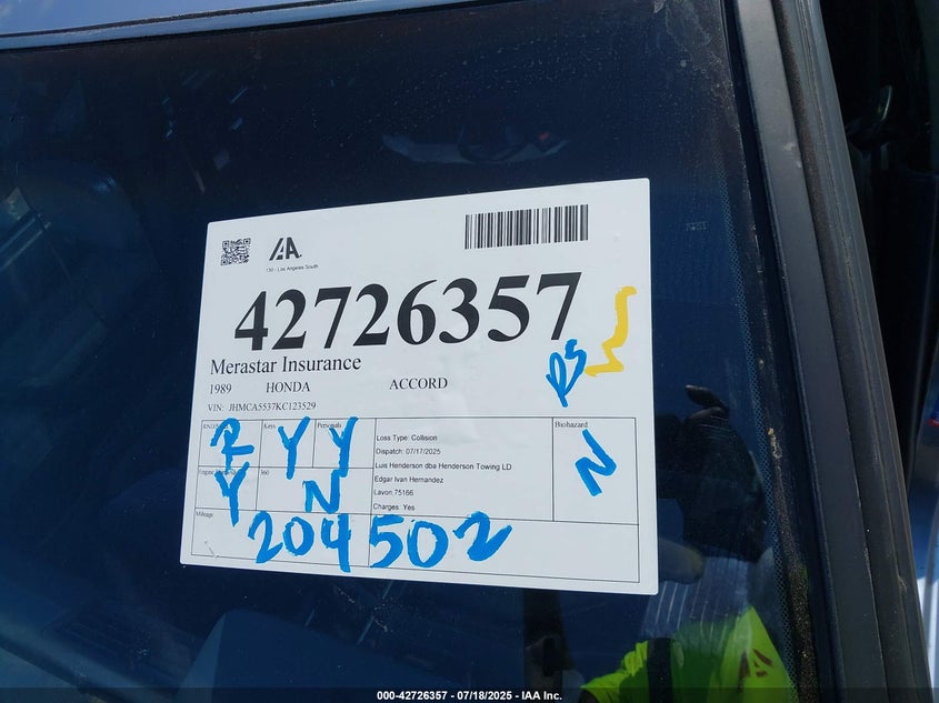 1989 Honda Accord Lx VIN: JHMCA5537KC123529 Lot: 42726357