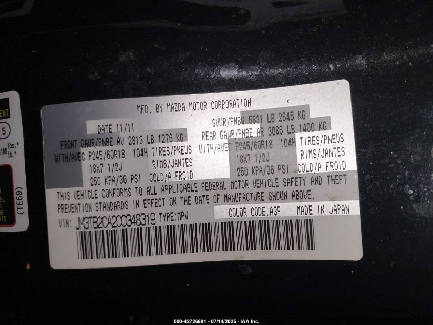 2012 Mazda Cx-9 Touring VIN: JM3TB2CA2C0348319 Lot: 42726681