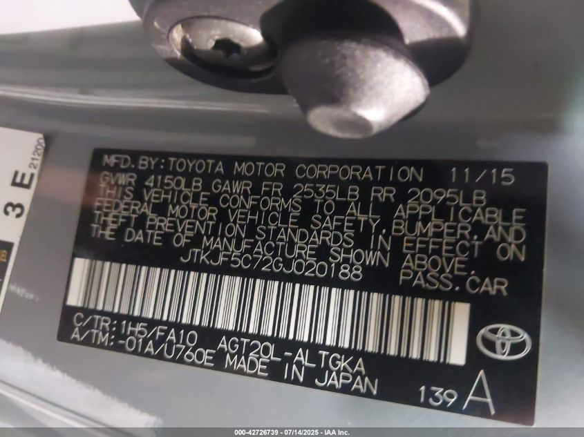 2016 Scion Tc VIN: JTKJF5C72GJ020188 Lot: 42726739