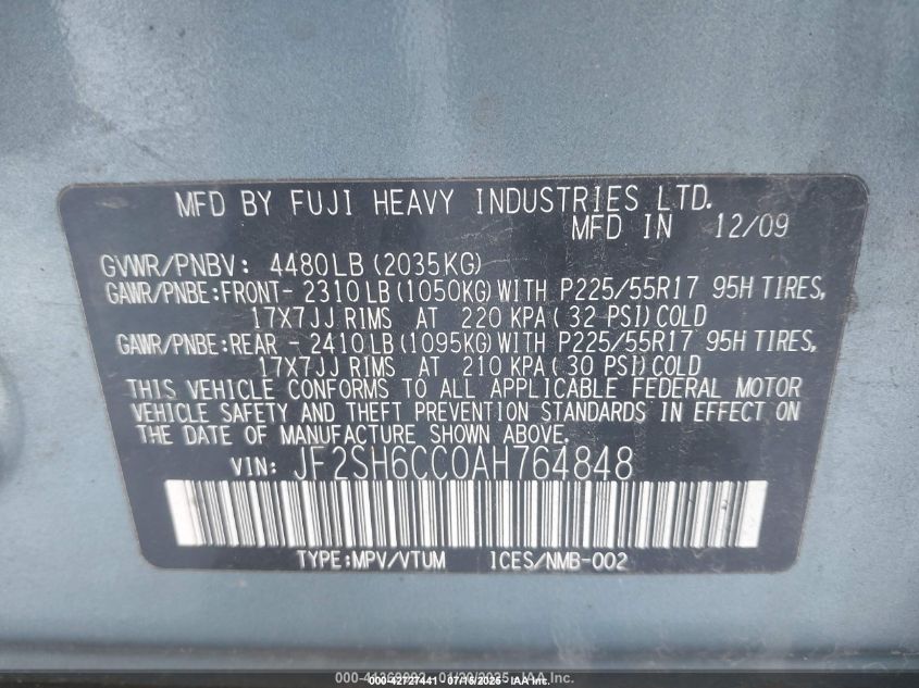 2010 Subaru Forester 2.5X Premium VIN: JF2SH6CC0AH764848 Lot: 42727441