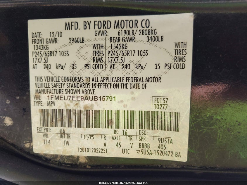 2010 FORD EXPLORER VIN: 1FMEU7EE9AUB15791