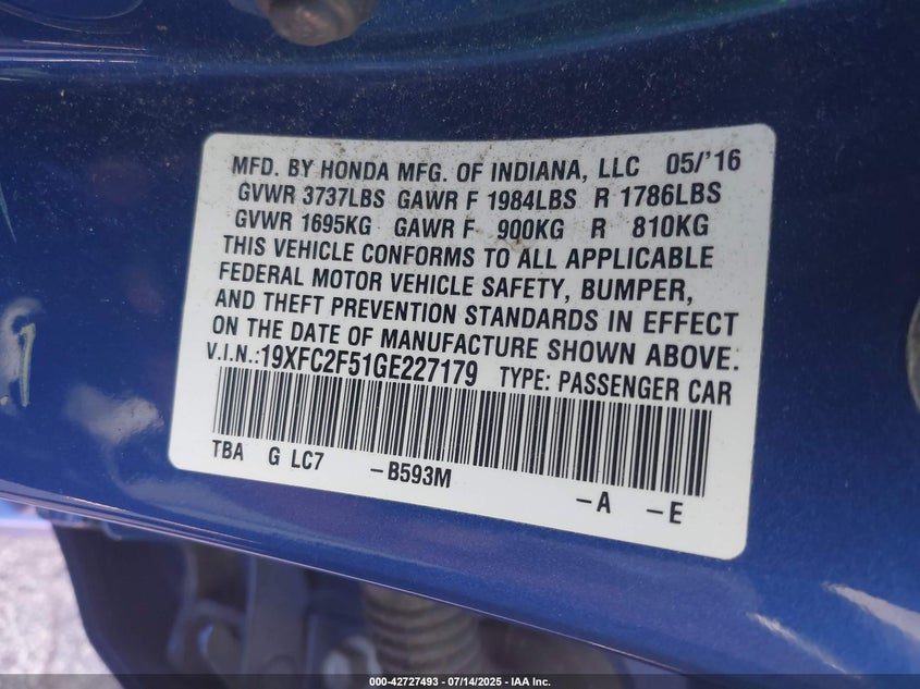 2016 Honda Civic Lx VIN: 19XFC2F51GE227179 Lot: 42727493