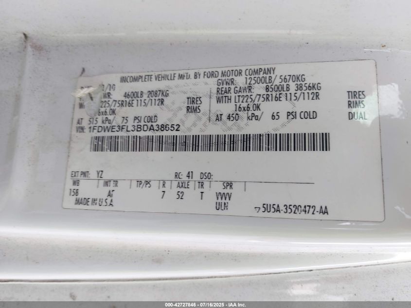 2011 Ford E-350 Cutaway VIN: 1FDWE3FL3BDA38652 Lot: 42727846