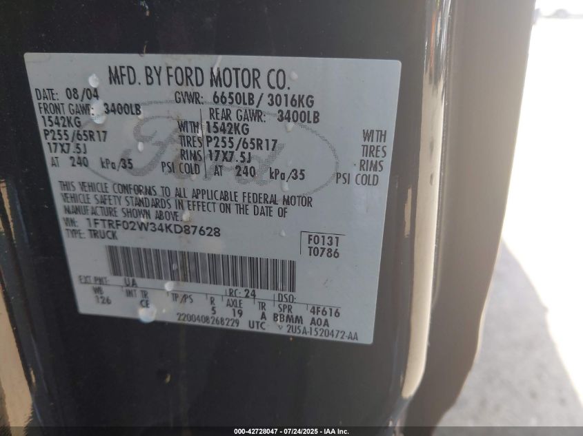 2004 Ford F-150 Stx/Xlt VIN: 1FTRF02W34KD87628 Lot: 42728047