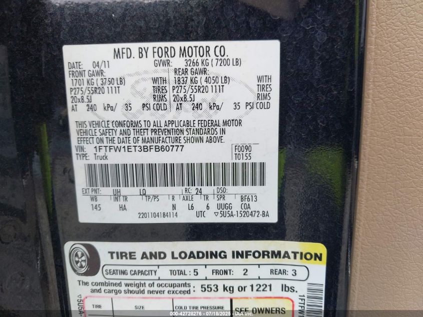 2011 Ford F-150 Lariat VIN: 1FTFW1ET3BFB60777 Lot: 42728276