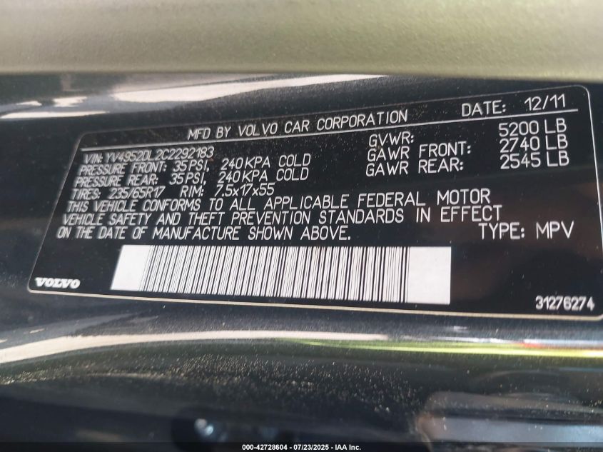 2012 Volvo Xc60 3.2/3.2 Platinum/3.2 Premier/3.2 Premier Plus VIN: YV4952DL2C2292183 Lot: 42728604