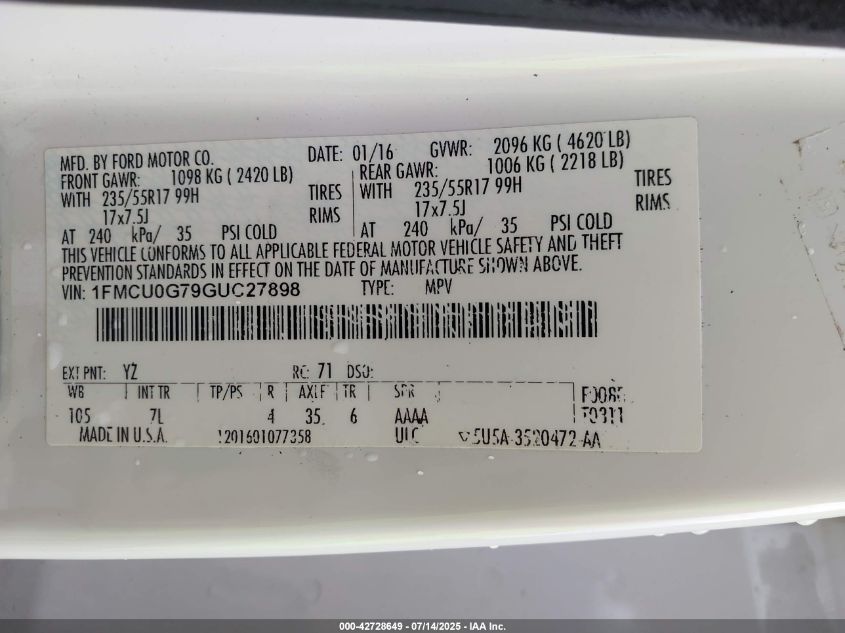 2016 Ford Escape Se VIN: 1FMCU0G79GUC27898 Lot: 42728649