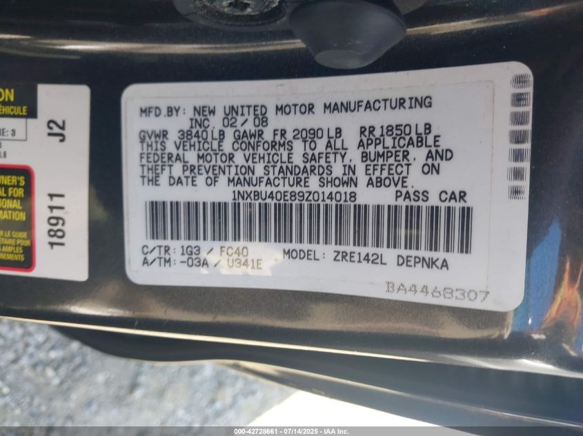 2009 Toyota Corolla Xle VIN: 1NXBU40E89Z014018 Lot: 42728661