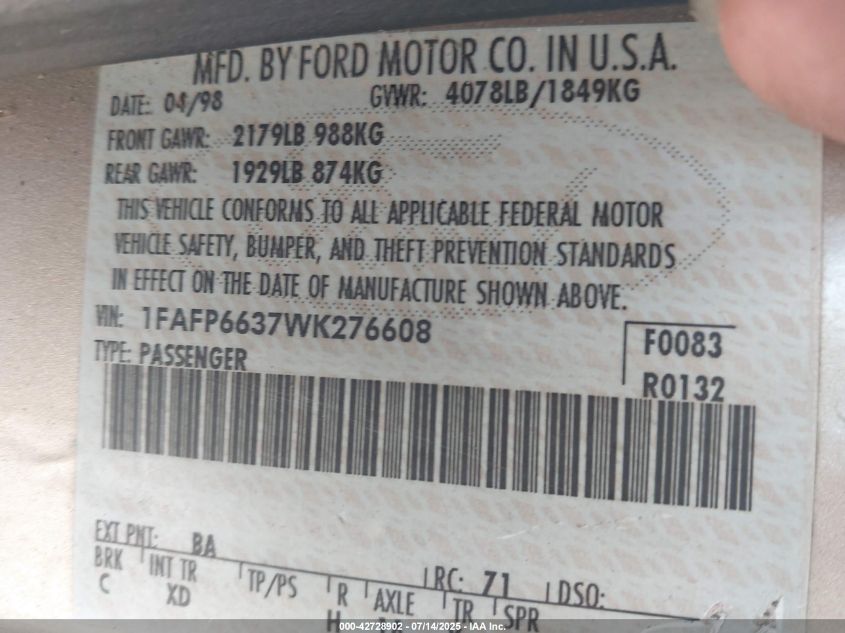 1998 Ford Contour Lx VIN: 1FAFP6637WK276608 Lot: 42728902