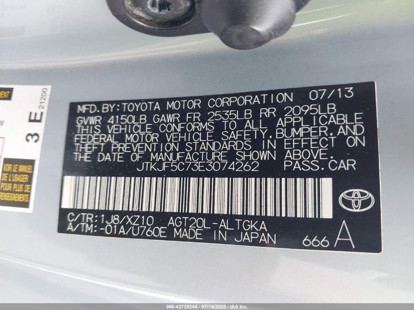 2014 Scion Tc VIN: JTKJF5C76E3077835 Lot: 42729344