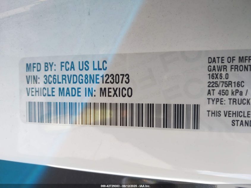 2022 Ram Promaster 2500 High Roof 159 Wb VIN: 3C6LRVDG8NE123073 Lot: 42729383