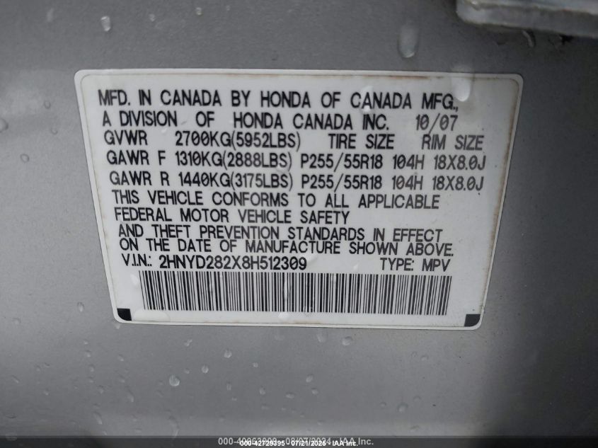 2008 Acura Mdx VIN: 2HNYD282X8H512309 Lot: 42729395