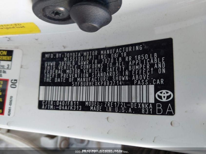 2019 Toyota Corolla Le VIN: 5YFBURHEXKP883714 Lot: 42730049