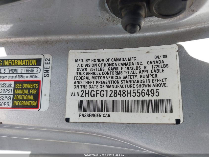 2008 Honda Civic Ex VIN: 2HGFG12848H556495 Lot: 42730181
