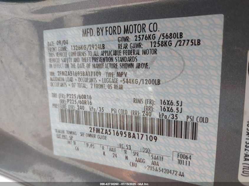 2005 Ford Freestar Se VIN: 2FMZA51695BA17109 Lot: 42730260