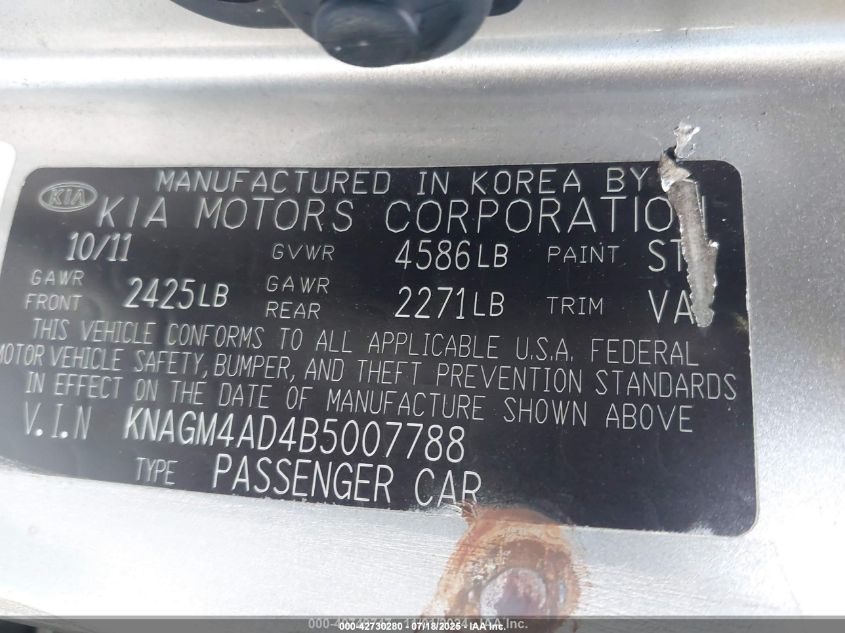 2011 Kia Optima Hybrid Ex VIN: KNAGM4AD4B5007788 Lot: 42730280