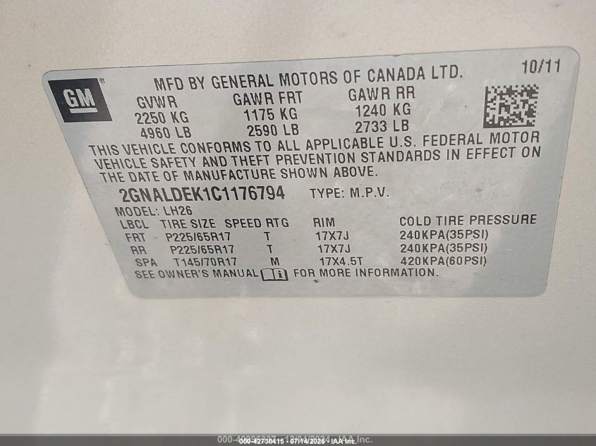 2012 Chevrolet Equinox 1Lt VIN: 2GNALDEK1C1176794 Lot: 42730415