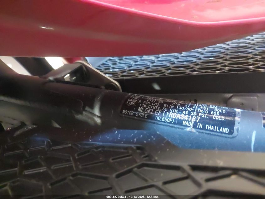 2024 Kawasaki Kl650 F VIN: ML5KLEF11RDA34187 Lot: 42730531