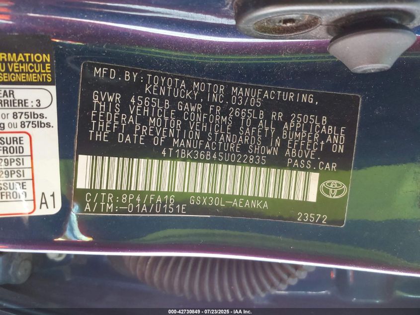 2005 Toyota Avalon Xl VIN: 4T1BK36B45U022835 Lot: 42730849