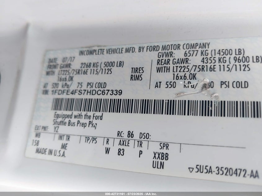 2017 Ford E-450 Cutaway VIN: 1FDFE4FS7HDC67339 Lot: 42731161