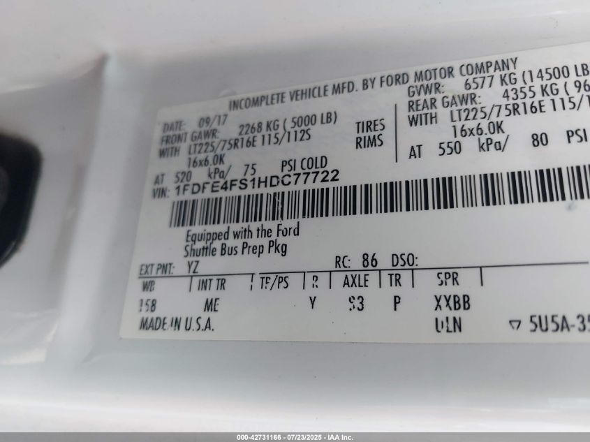 2017 Ford E-450 Cutaway VIN: 1FDFE4FS1HDC77722 Lot: 42731166