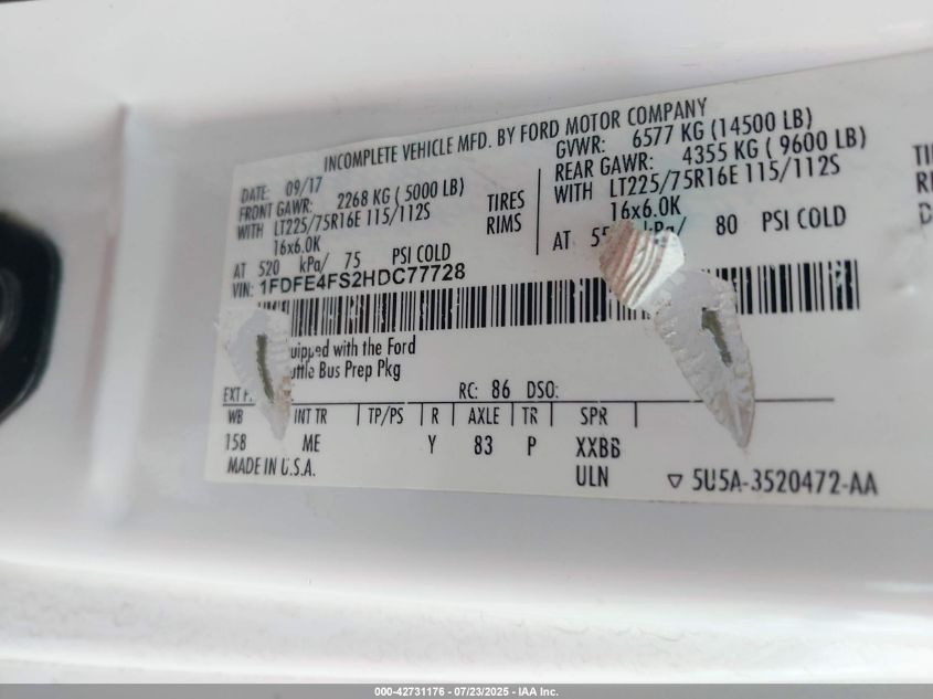 2017 Ford E-450 Cutaway VIN: 1FDFE4FS2HDC77728 Lot: 42731176
