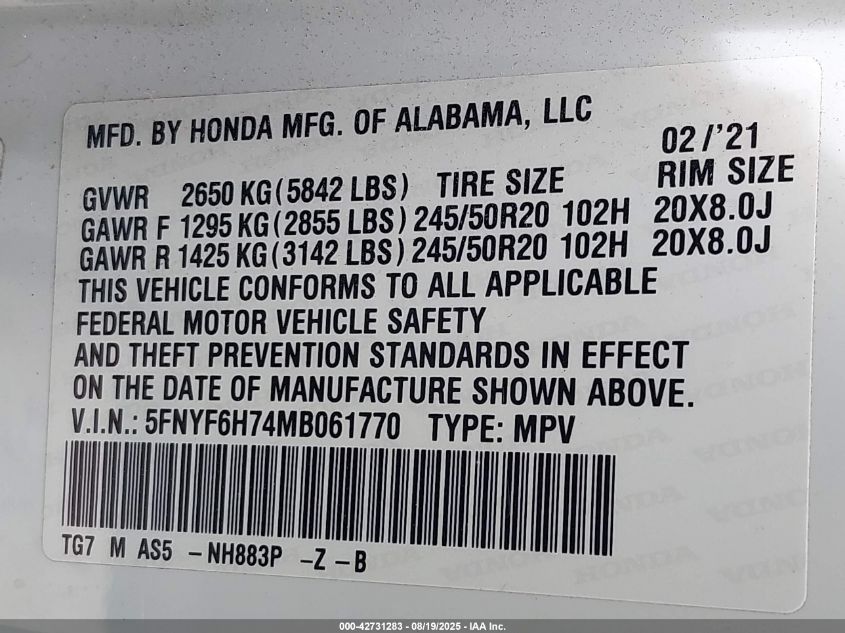 2021 Honda Pilot Awd Black Edition VIN: 5FNYF6H74MB061770 Lot: 42731283