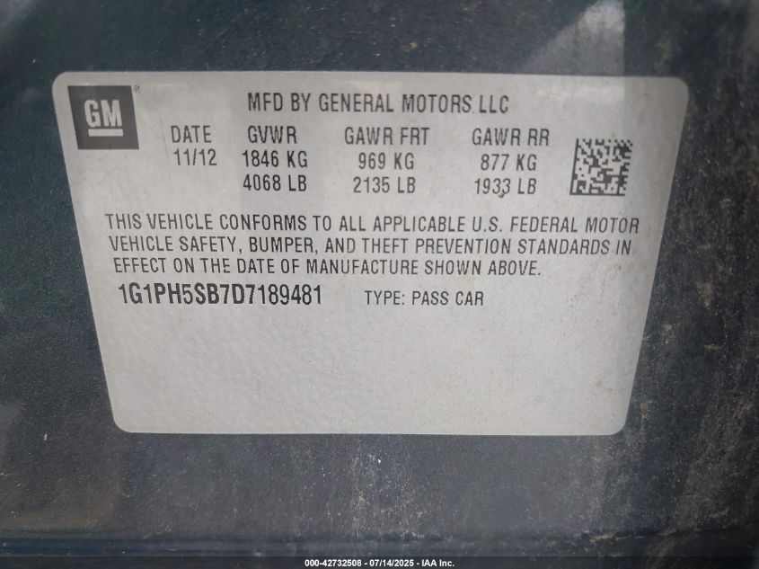 2013 Chevrolet Cruze Eco Auto VIN: 1G1PH5SB7D7189481 Lot: 42732508