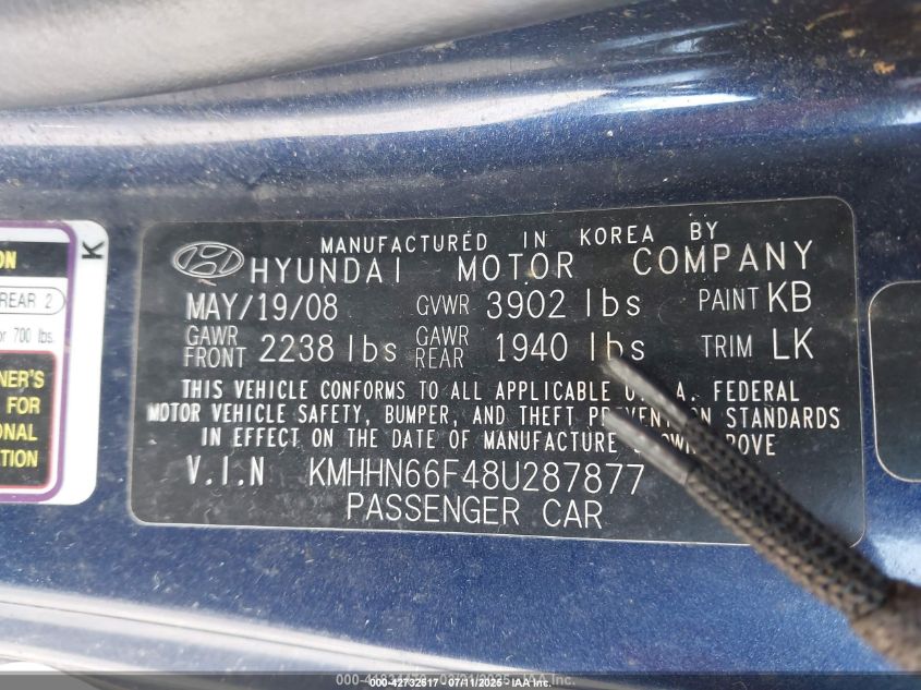 2008 Hyundai Tiburon Gt/Gt Limited/Se VIN: KMHHN66F48U287877 Lot: 42732517