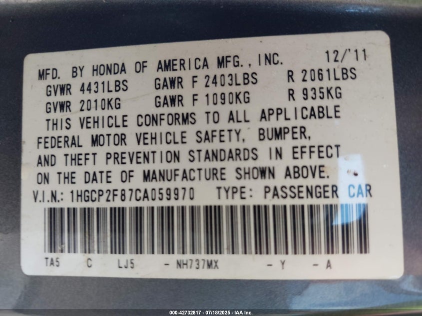 2012 Honda Accord 2.4 Ex-L VIN: 1HGCP2F87CA059970 Lot: 42732817