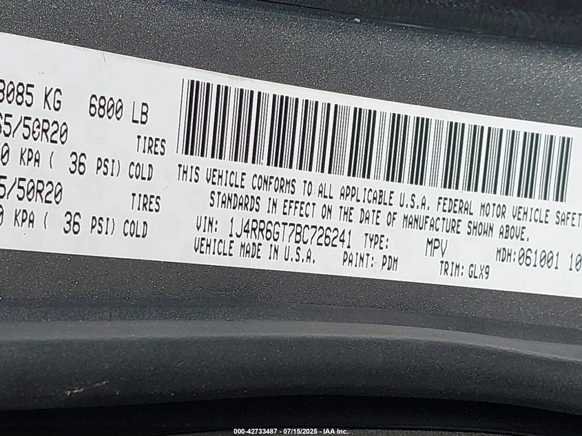 2011 Jeep Grand Cherokee Overland VIN: 1J4RR6GT7BC726241 Lot: 42733487