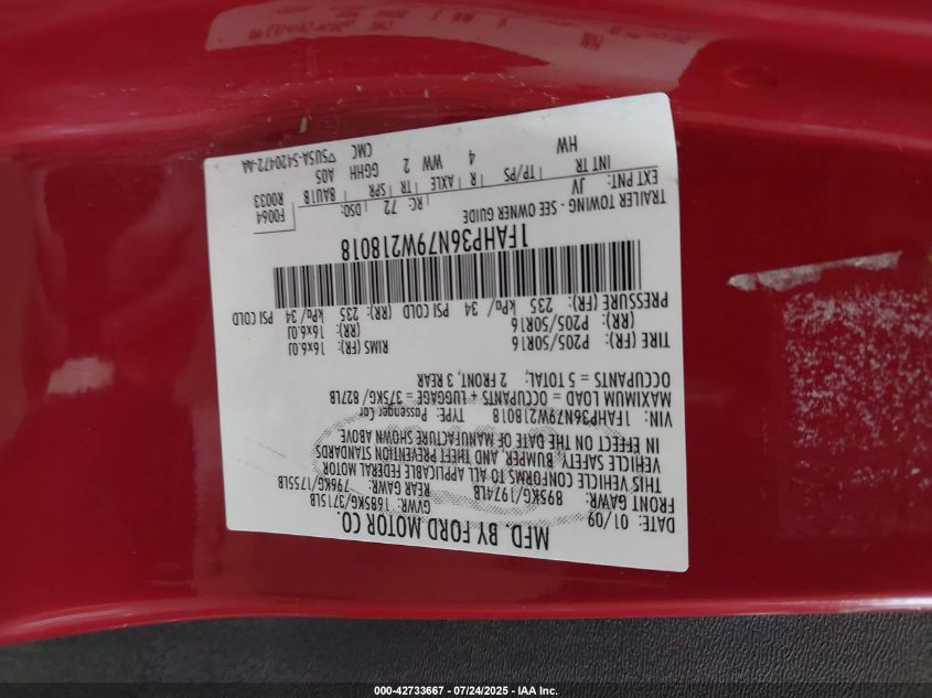 2009 Ford Focus Ses VIN: 1FAHP36N79W218018 Lot: 42733667