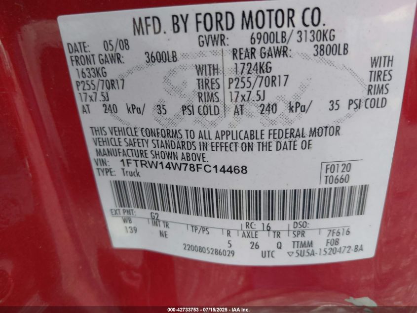 2008 Ford F-150 60Th Anniversary/Xl/Xlt VIN: 1FTRW14W78FC14468 Lot: 42733753
