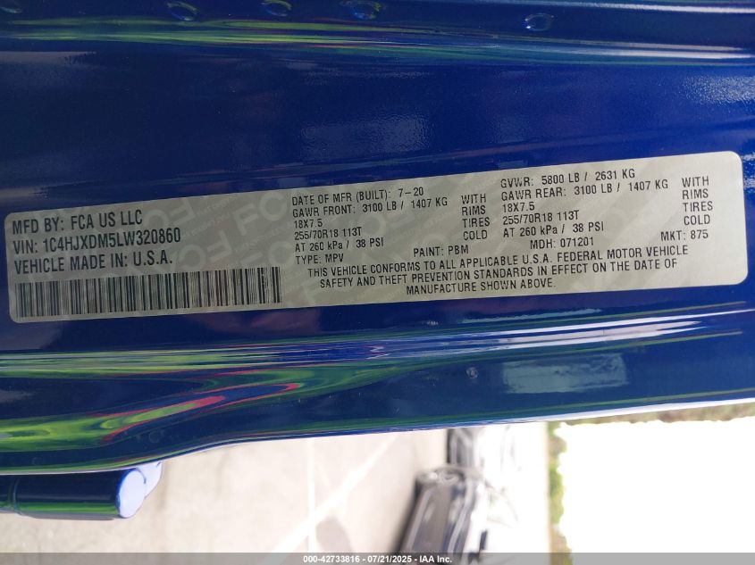 2020 Jeep Wrangler Unlimited Sport Altitude 4X4 VIN: 1C4HJXDM5LW320860 Lot: 42733816